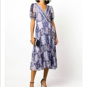 Marchesa Notte Purple black floral patchwork wrap midi dress New S